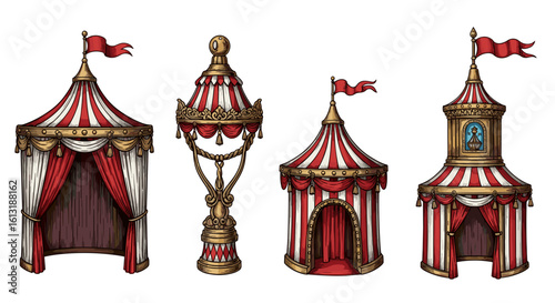 Collection of whimsical red and white circus tent structures