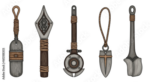 Collection of five vintage styled decorative tools on a white backdrop