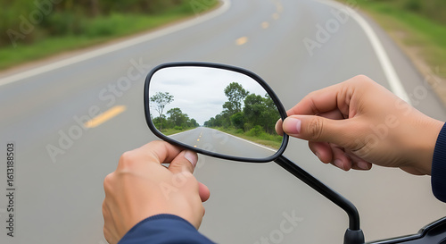 Close-up of human hands holding and adjusting a black-framed motorcycle rearview mirror reflecting a long winding road ahead.