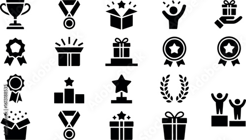 A collection of black and white icons representing awards, gifts, and achievements in a grid layout