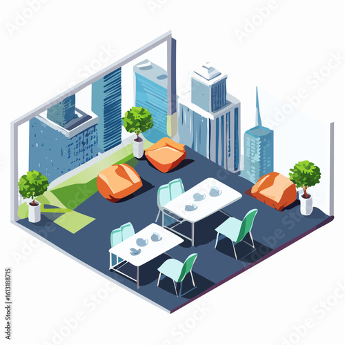 Modern office break room with city view, comfortable seating, and tables.