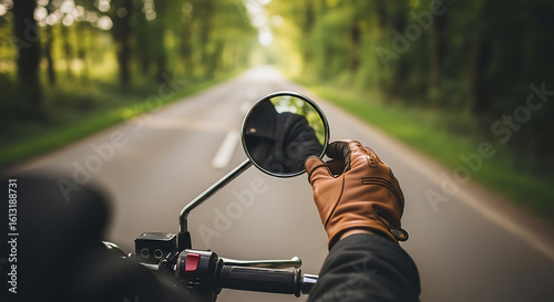 Bikers hand in a classic brown leather glove adjusting a round chrome side-view mirror.