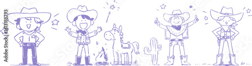 Series of cartoon cowboy characters drawn purple lines, each with different poses and accessories, including hats and boots, set against transparency background, conveying playful and fun western