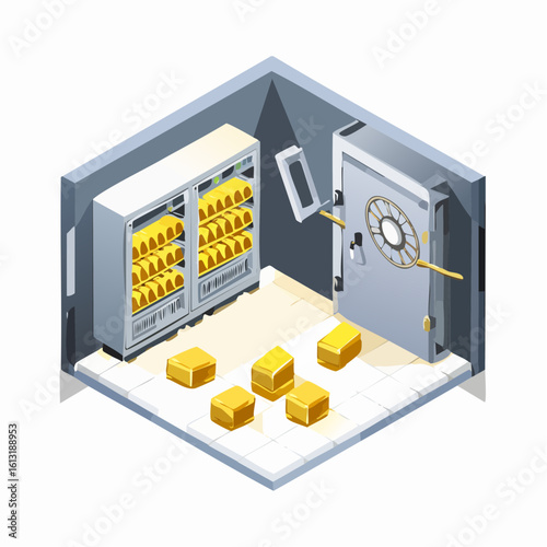 Isometric illustration of an open bank vault with shelves stacked with gold bars and bullion on the floor.