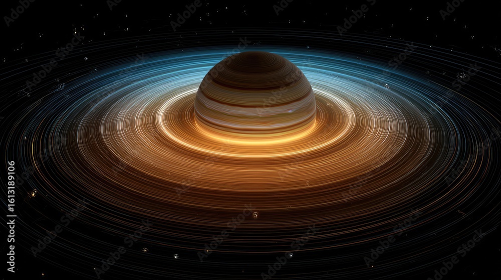 Fototapeta premium A majestic planet with glowing rings floating in a star-filled cosmic landscape.