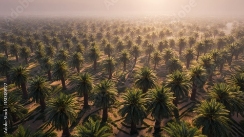 Vast Palm Tree Plantation at Sunrise in Desert Landscape