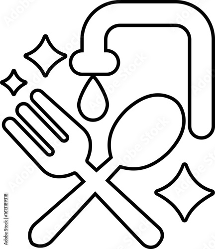 Cleaning icon, black vector of hygiene, dishwashing, sanitizing and housekeeping tools in line style, cleaning equipment, disinfect, mop, wipe symbols isolated on transparent background