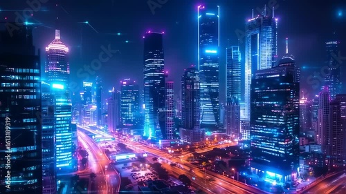 Nighttime City Skyline Illuminated with Bright Neon Lights and Moving Traffic in a Modern Downtown Scene