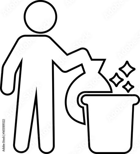 Cleaning icon, black vector of hygiene, sanitizing and housekeeping tools in line style, cleaning equipment disinfect, mop, wipe symbols isolated on transparent background