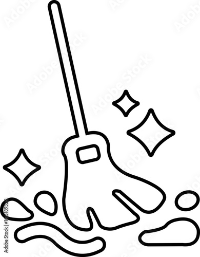 Cleaning icon, black vector of hygiene, sanitizing and housekeeping tools in line style, cleaning equipment disinfect, mop, wipe symbols isolated on transparent background