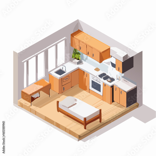 Isometric view of a compact studio apartment featuring an integrated kitchen, bed, and desk area.