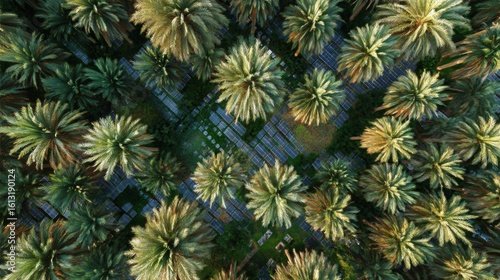 Aerial View of Green Palm Trees in Solar Panel Garden in Natural Environment