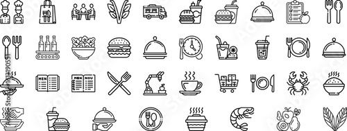 Various food and restaurant related icons are displayed isolated on white background