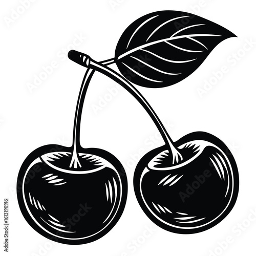 Two Black Cherries with a Leaf Silhouette on White Background cherry fruit