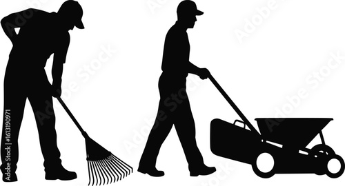 Silhouette of workers raking leaves, pushing wheelbarrow, performing outdoor gardening, yard maintenance, autumn cleanup, landscaping, teamwork, 