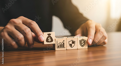 Mans hands placing a wooden block with a money bag icon arranging financial concept symbols like growth and security.