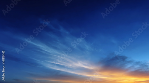 A stunning sunset sky filled with vibrant colors, wispy clouds, and a tranquil atmosphere, perfect for serene nature scenes.