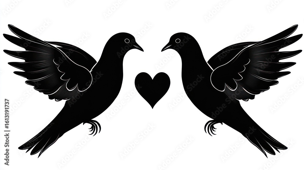 Obraz premium Two doves in flight, facing each other, with heart in center, for love or peace