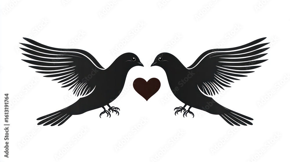 Obraz premium Two doves in silhouette, with heart, display love, romance. For wedding cards, Valentines