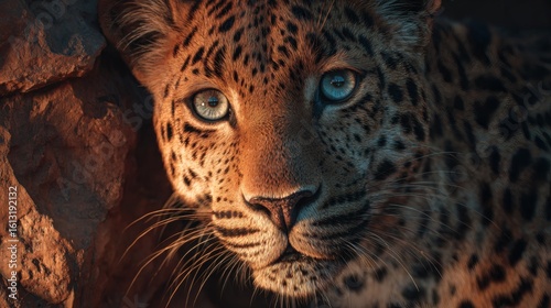Leopard with Blue Eyes Resting Near Rocks in Warm Lighting