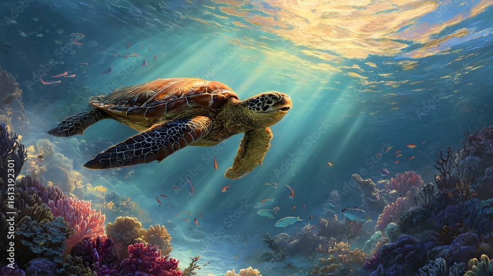 Obraz premium Sea turtle gracefully swimming through vibrant coral reef under sunlit ocean waters