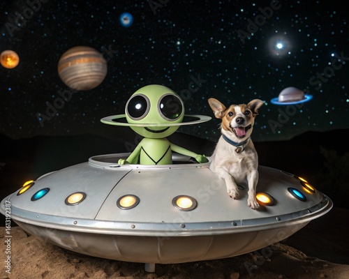 Alien and Dog on a Flying Saucer: A Whimsical Cosmic Encounter

