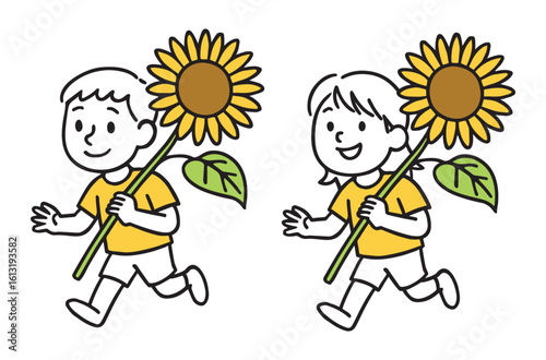 Joyful Boy And Girl Walking with Big Sunflower. Childhood and Nature Theme, Bright Colorful Design