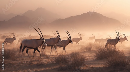Group of Arabian Oryx Antelopes Walking in Desert at Sunset with Mountain Background