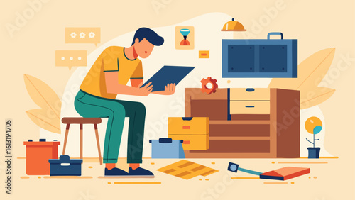 Man sitting on stool reading instructions for assembling furniture in a room with tools and parts