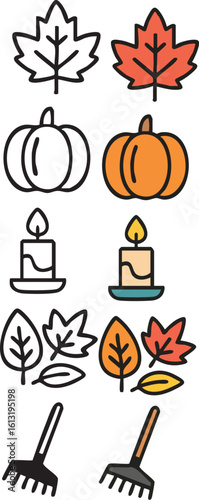 A collection of autumn icons including a pumpkin, maple leaf, candle, and rake, shown in outline and color.