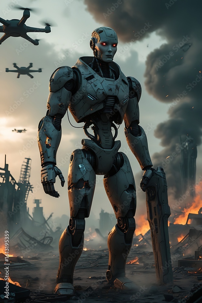 Fototapeta premium Combat Mech in Destroyed Urban Environment - Robotic Future