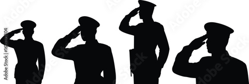 Military salute silhouette set, soldier vector illustration, army personnel in uniform, respectful gesture pose, armed forces tribute graphic