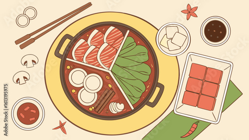 Delicious hot pot meal with fresh ingredients and dipping sauce