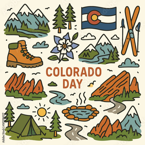 hand-drawn doodle-style icons and symbols related to the state of Colorado. 