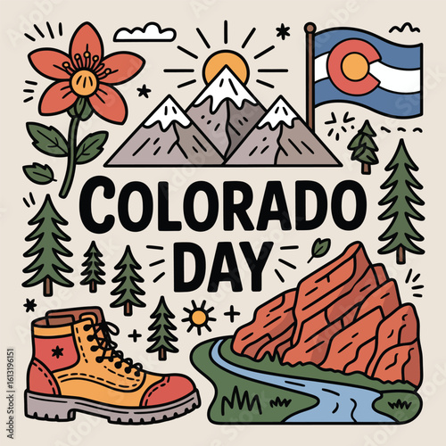 Colorado Day Celebration Vector Set – Hand-Drawn State Symbols and Landmarks