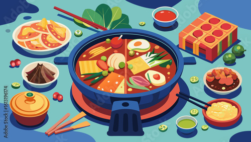 Vibrant illustration of a delicious hot pot meal with various ingredients