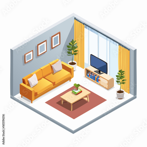 Isometric illustration of a modern living room interior with a yellow sofa, TV, and houseplants.