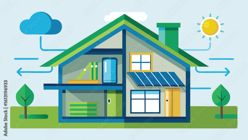 a house with solar panels, cloud, sun, trees and arrows showing energy flow concept