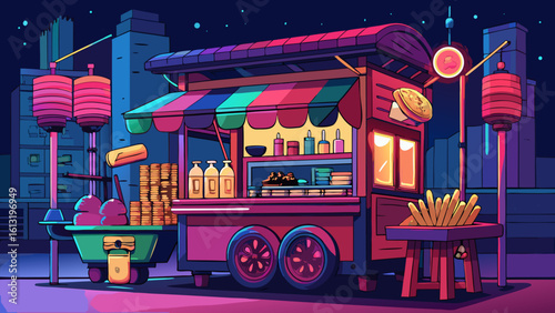 Vibrant Night Market Food Cart Illustration
