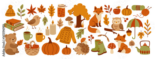 Autumn set of falling leaves, pumpkins, sweater, cute bear, bird, fox, hedgehog, mushroom, candles and other. Cozy Fall. October forest elements for scrapbook, card, poster, invitation, sticker. Vecto