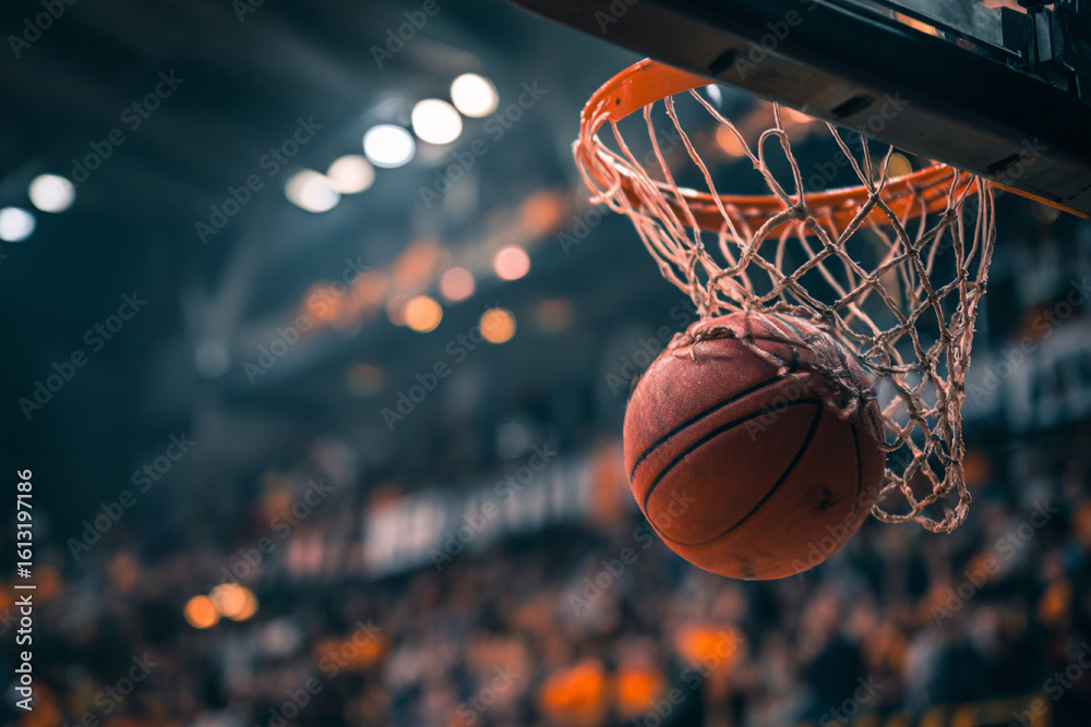 Fototapeta premium A basketball going through a hoop during a game in a sports arena.
