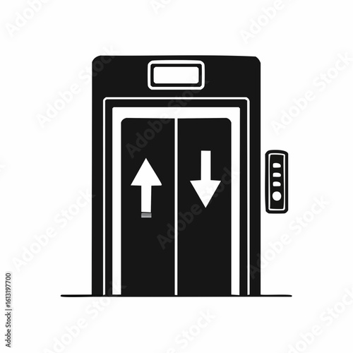 Minimalist vector silhouette icon of an elevator with up and down arrows, in black and white