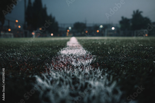 Close-up view of a white line on a grass sports field during dusk or night with blurred stadium lights in the distance.