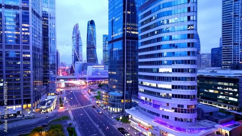 Modern City Skyline with Tall Glass Skyscrapers and Busy Streets During Twilight