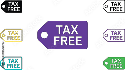 Illustration displaying multiple tax free tag icons in black and white on a plain background