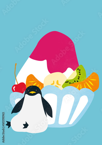 フルーツ盛りのいちごかき氷とペンギン