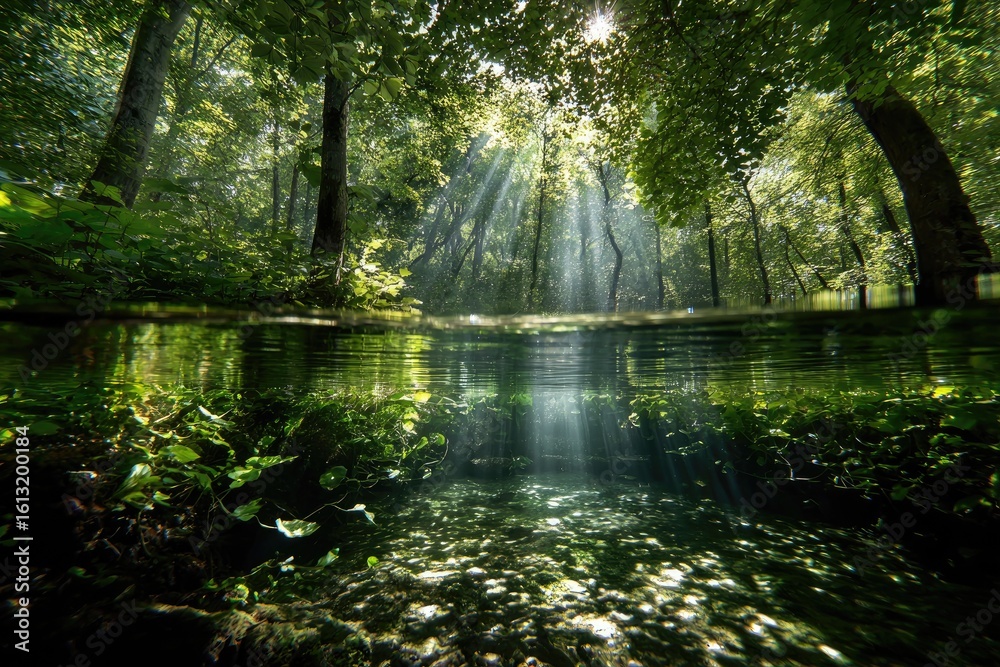 Obraz premium Sunlight streams through a tranquil forest stream