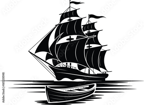 Silhouette of a large sailing ship with sails and a small rowboat on the water in black and white