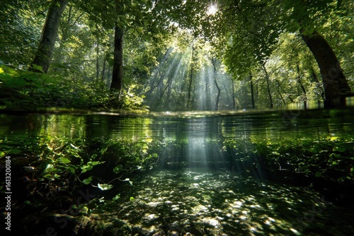Sunlight streams through a tranquil forest stream