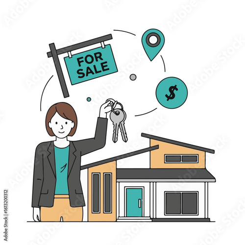 Realtor woman with keys in front of house